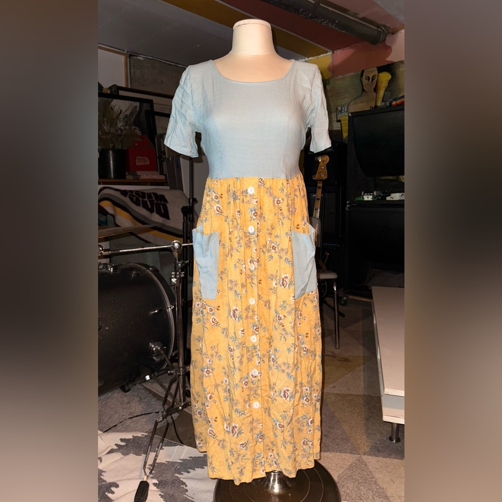 Vintage Molly Malloy Blue Checkered and Yellow Floral Dress